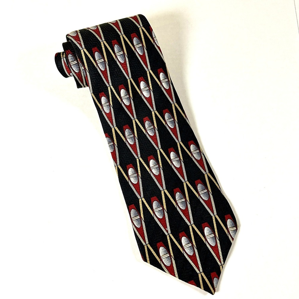 Brandini Tie Mens Navy Burgundy Gold Geometric Silk Le Collezioni Made in USA